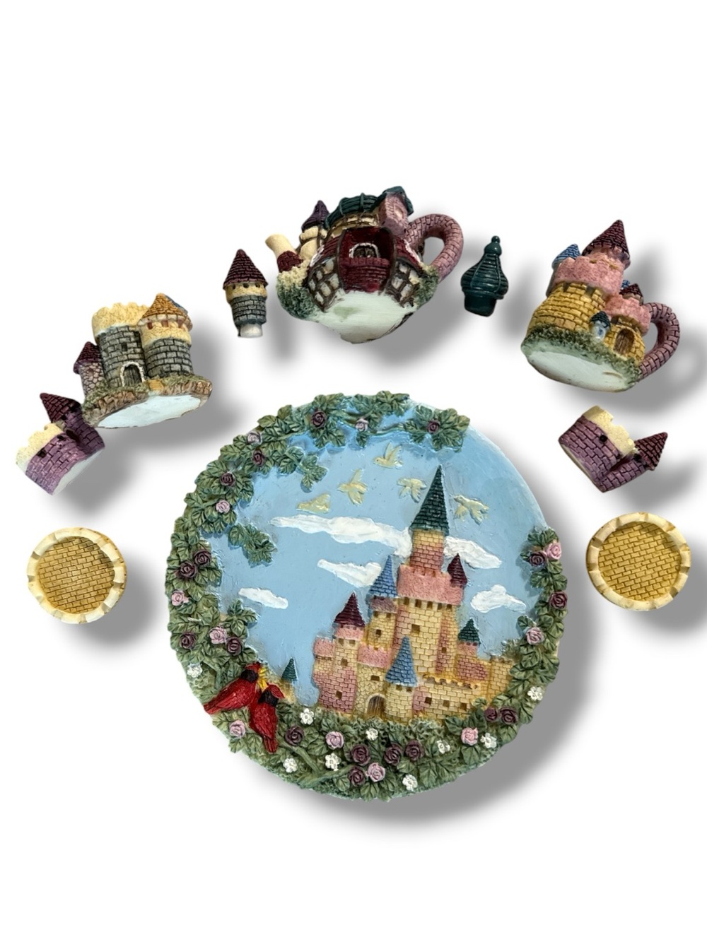 Vintage 3D Miniature Castle Tea Set with Display Plate Resin Fairy Core 10 pc